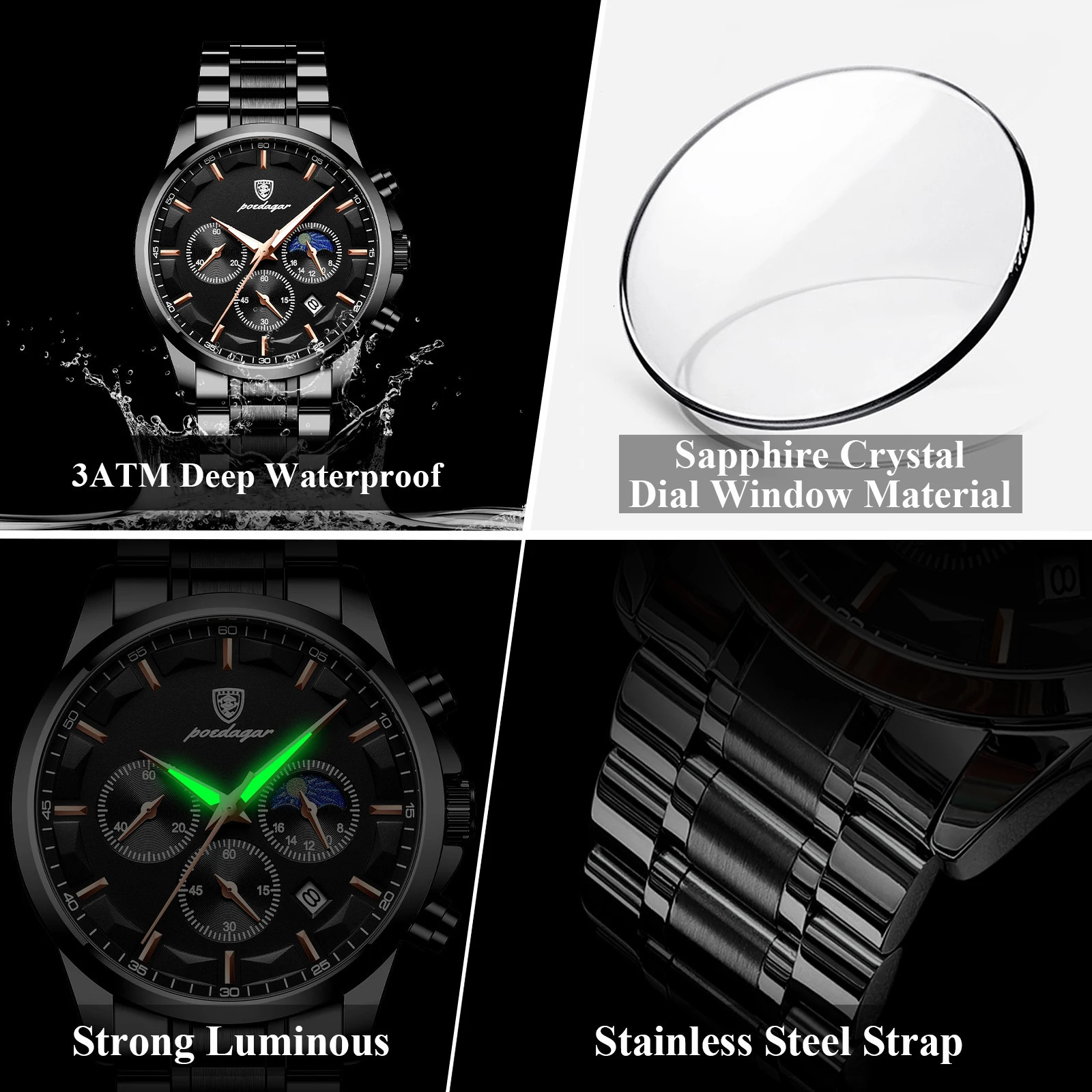 POEDAGAR Top Fashion Mens Watches Waterproof Luminous Stainless Steel Men Wristwatch Chronograph Date Quartz Business Man Watch 260114