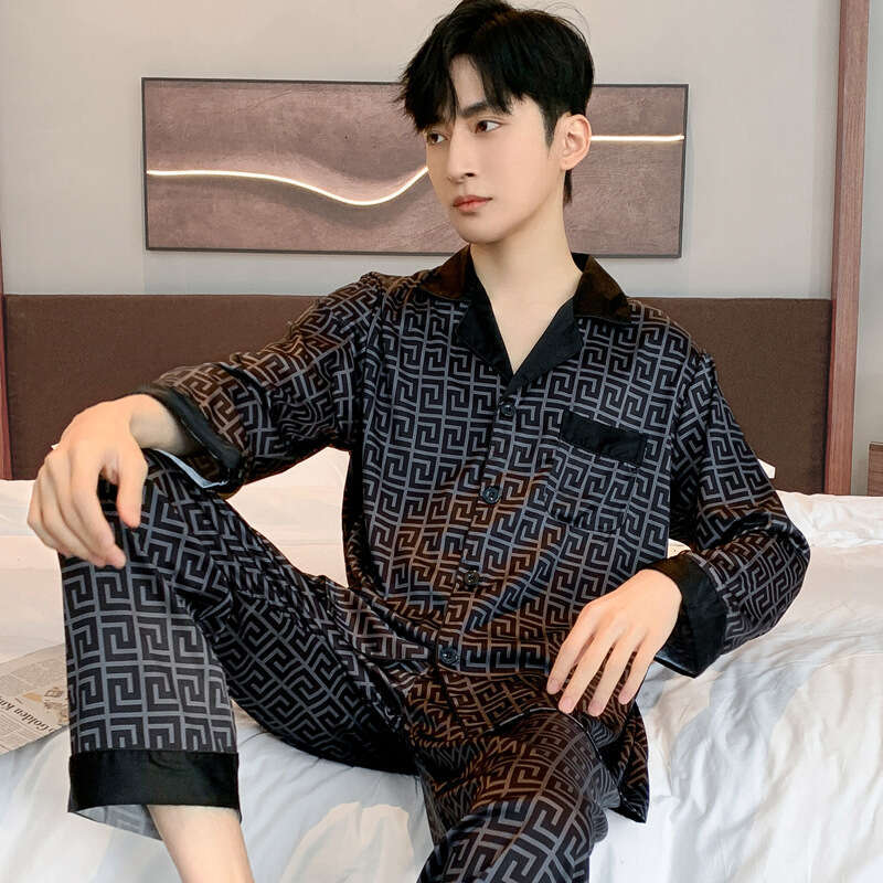 Silky Thin Ice Pajamas For Men Spring Autumn Summer High End Imitation Silk Four Seasons Long Sleeve Homewear Set