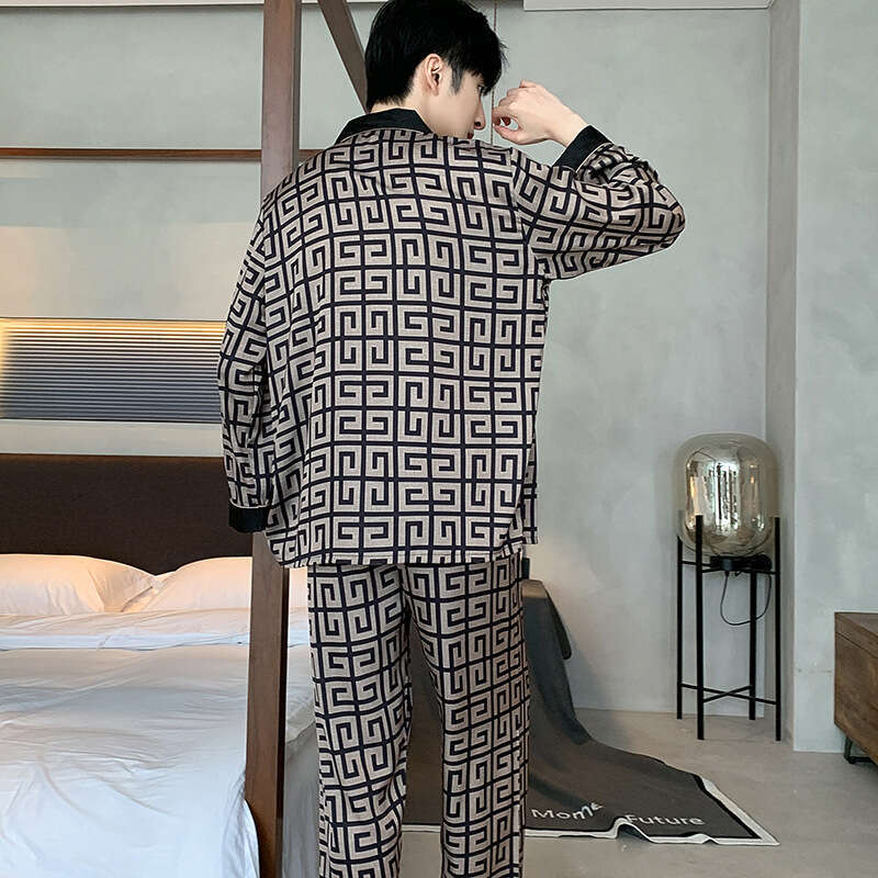 Pajamas Long Sleeve Ice Silk Spring Autumn Men's Satin Thin Youth Summer Homewear Set
