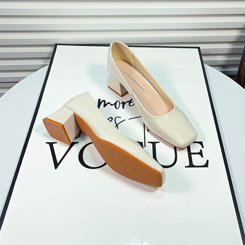 Women 4cm High Heels Pumps Lady Block Low Heel Shallow Square Toe Glossy Patent Leather Blue Green Nude Classic Office Shoes 240701