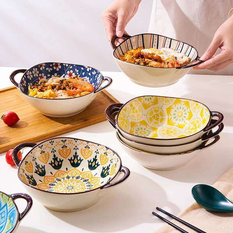 Kitchen utensils Ceramic Handled Soup Bowl Large Noodles Dish Household Kitchenware For Restaurant Outdoor Picnic Living Room Dining Microwave Safe Ve