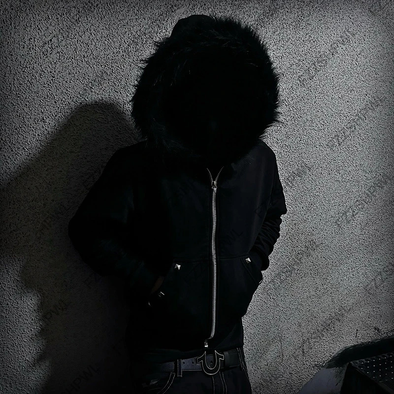 Rivet n Rock Gothic Dark Faux Fur Collar Y2K Zip up hoodie Streetwear Chic Zipper Hoodie sweatshirt Punk Hip Hop Pullover 251231