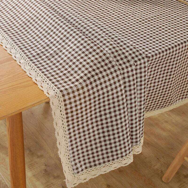 Nordic Minimalist Style Coffee Grid Tablecloth with Off-White Trim Rectangular Dining Table Cover