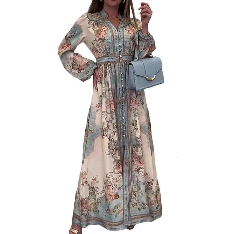 2026 Womens Fashion Elegant Vneck Long Sleeve Printed Style Flared Spring Dress 210524