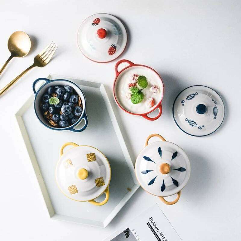 Ceramic Cartoon Double Ear with Lid Kid Supplement Ramen Bowl Salad Food Containers Microwave Oven Tableware