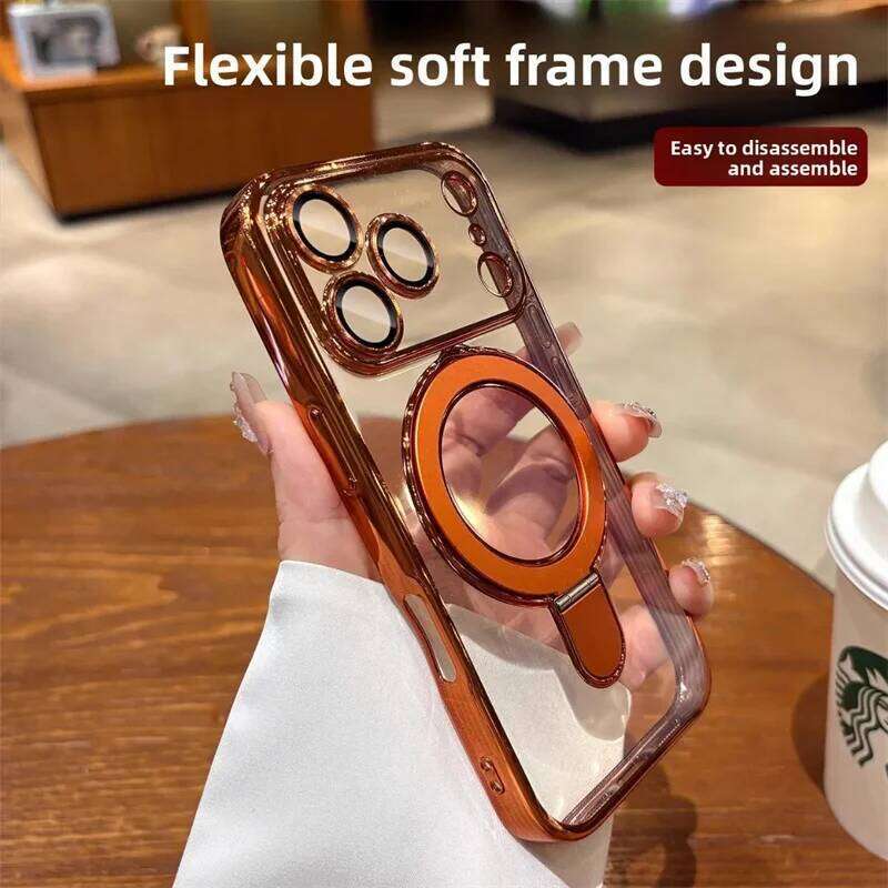 Magsafe Plating Phone Case For iPhone 17 16 15 14 13 12 Pro Max Plus Magnetic Stand Ring Holder Transparent Shockproof Cover - view 6
