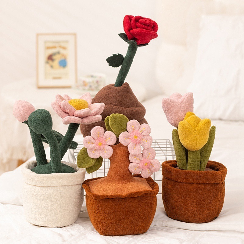 Potted green plant doll tulip plush toy peach blossom potted figurine rose flower desktop ornament doll gift 250729
