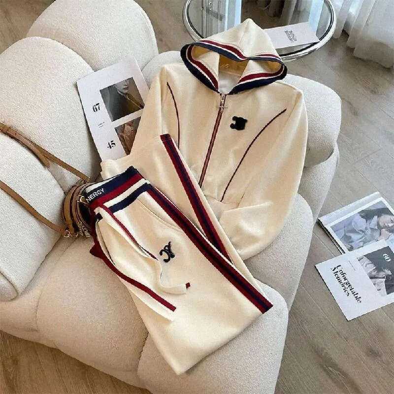 Women Set Designer Suit Fashion Casual Sports Suit Stand-Up Cardigan Short Sweater High-Waisted Wide-Leg Pants Two-Piece Set