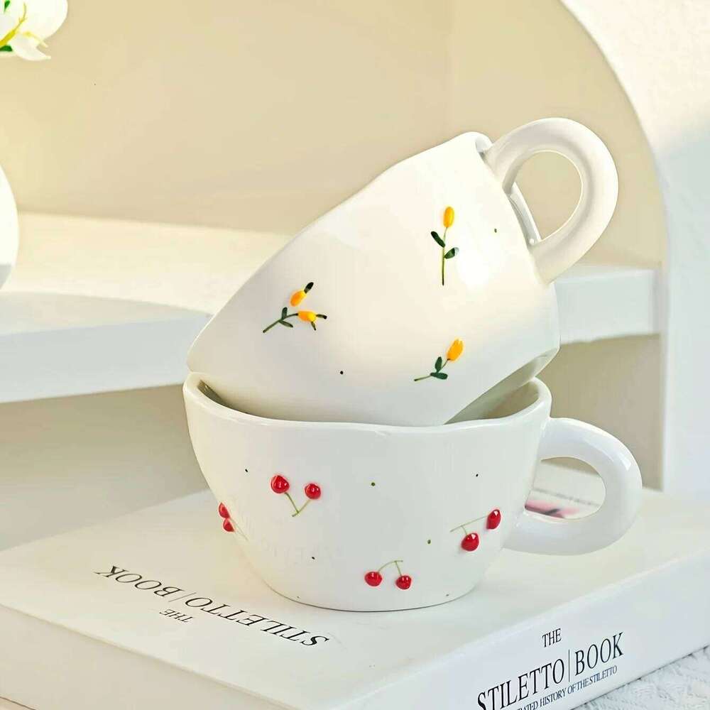 Creative, minimalist, hand drawn, three-dimensional relief cherry blueberry, household ceramic coffee cups and plates