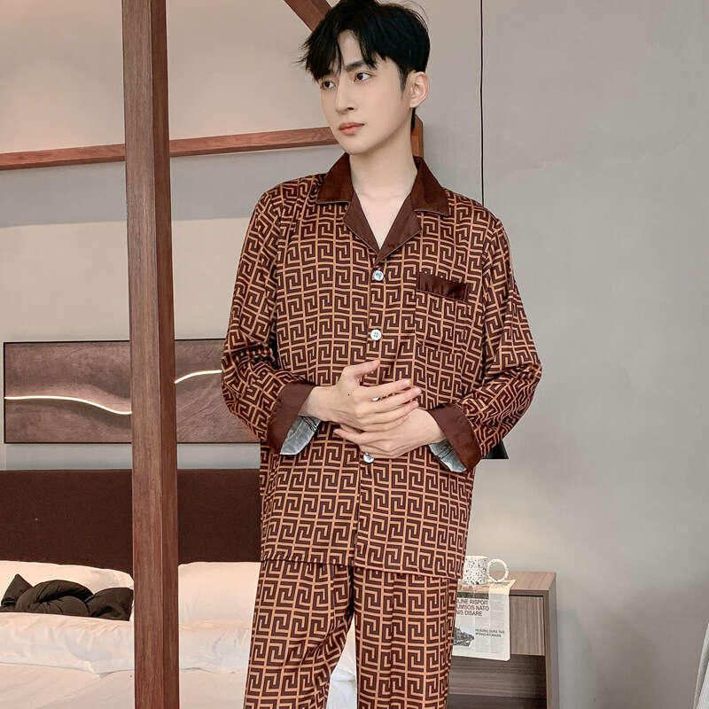 Silky Thin Ice Pajamas For Men Spring Autumn Summer High End Imitation Silk Four Seasons Long Sleeve Homewear Set