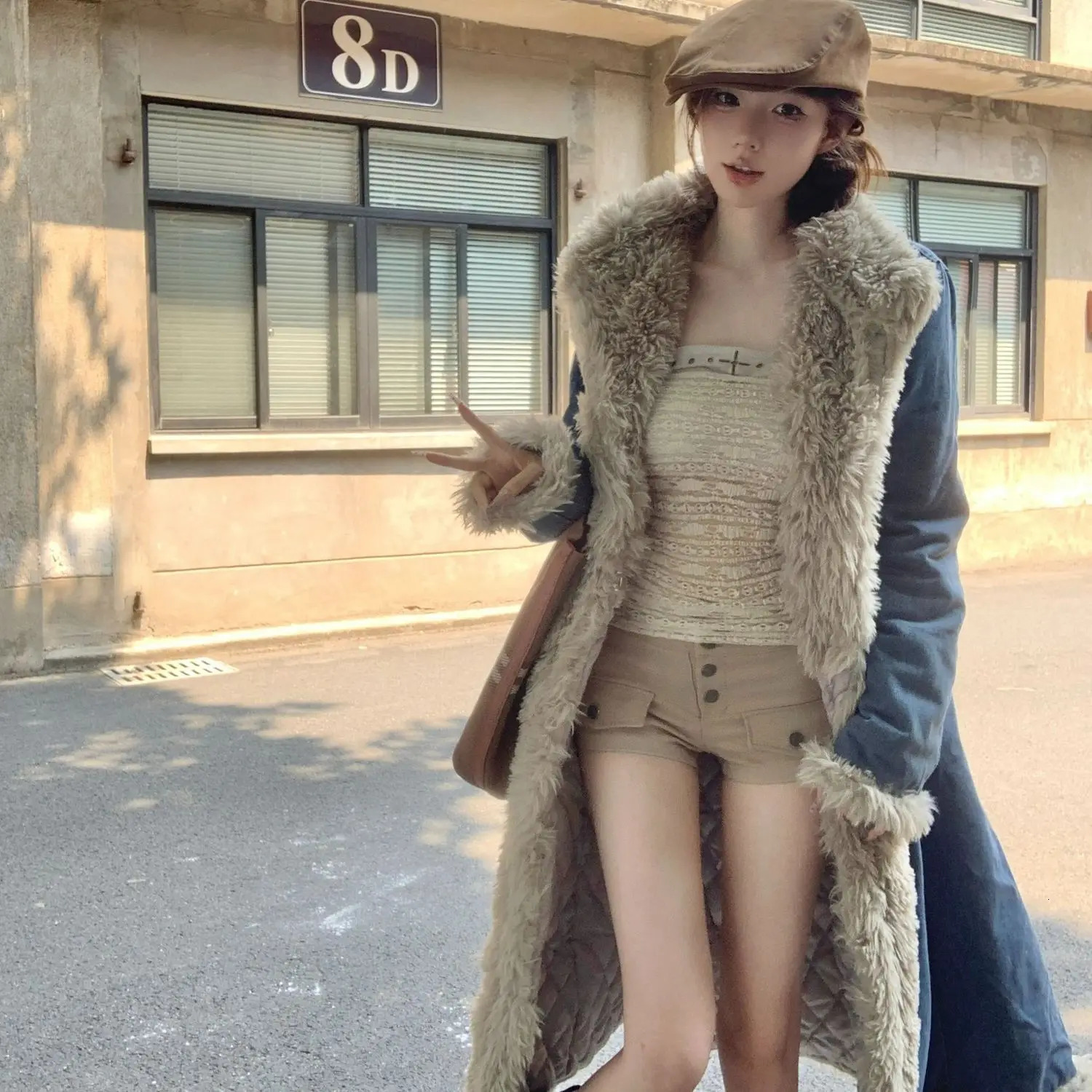 Women Faux Fur Edge Denim Jacket Winter Cotton Liner Jeans Trench Coat Cashmere Turn Down Collar Cowboy Windbreaker Cardigan 260114