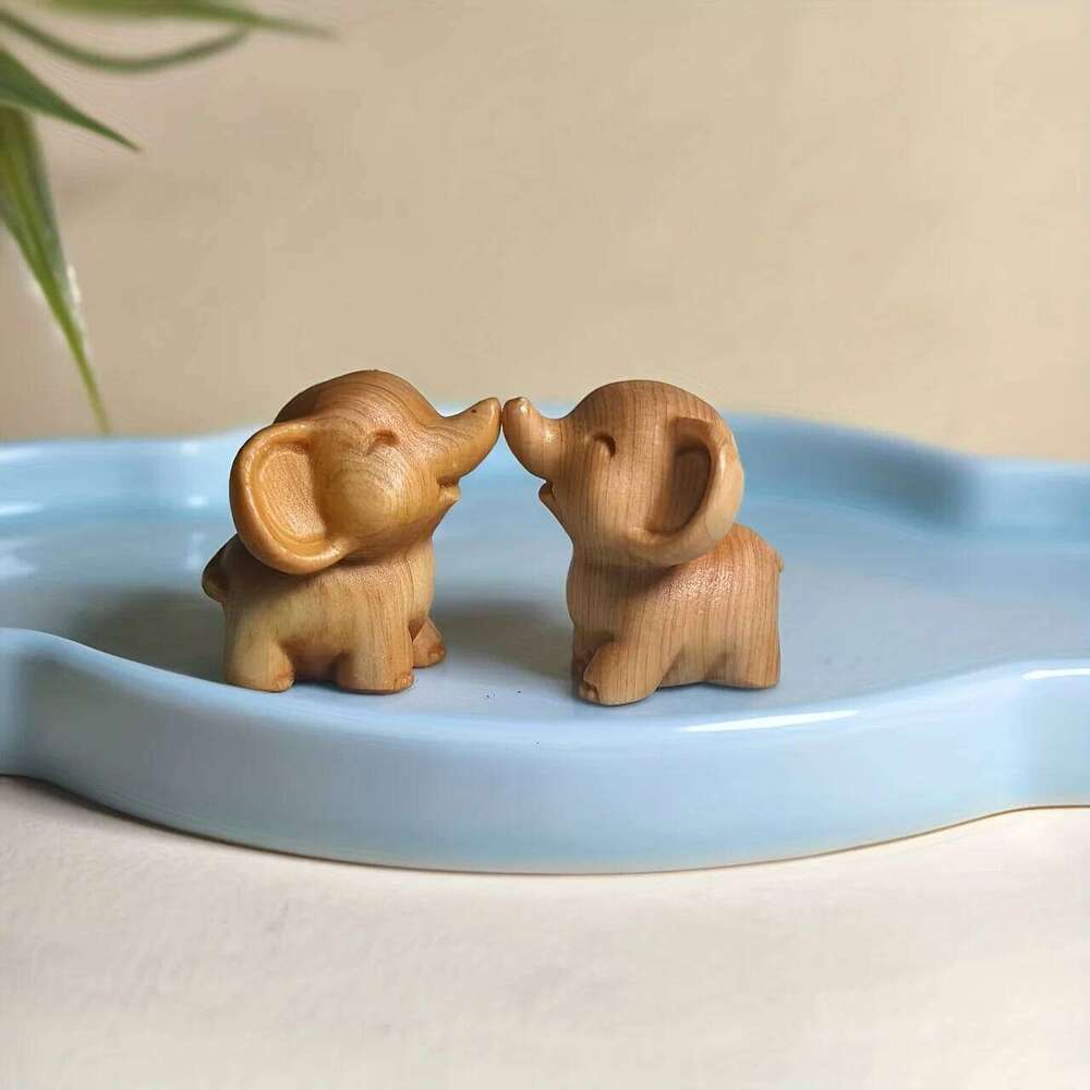 2Pcs Hand Carved Wooden Elephant Figurines Perfect For New Year Holiday Decorations Outdoor Decor Festive Ornaments