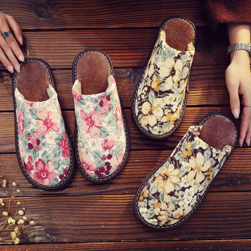 New Cotton Slippers National Style Warm Winter Linen Surface Home Use Couple Non-Smelly Feet Flat Soft Sole Non-Slip Maternity Shoes