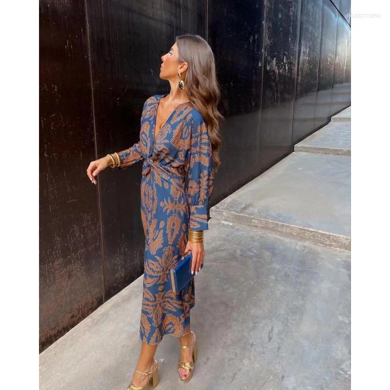 Casual Dresses Women's Floral Print V-Neck Midi Dress - Long Sleeve Shirt Style Everyday Wear With Elegant Fit
