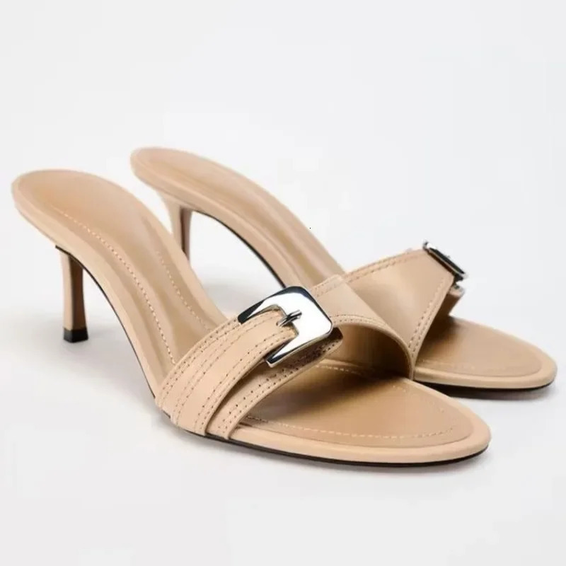 Fashion Round Toe Open Toe Metal Belt Buckle Stiletto Heel Temperament Cool Mopping Summer Womens Shoes 260112