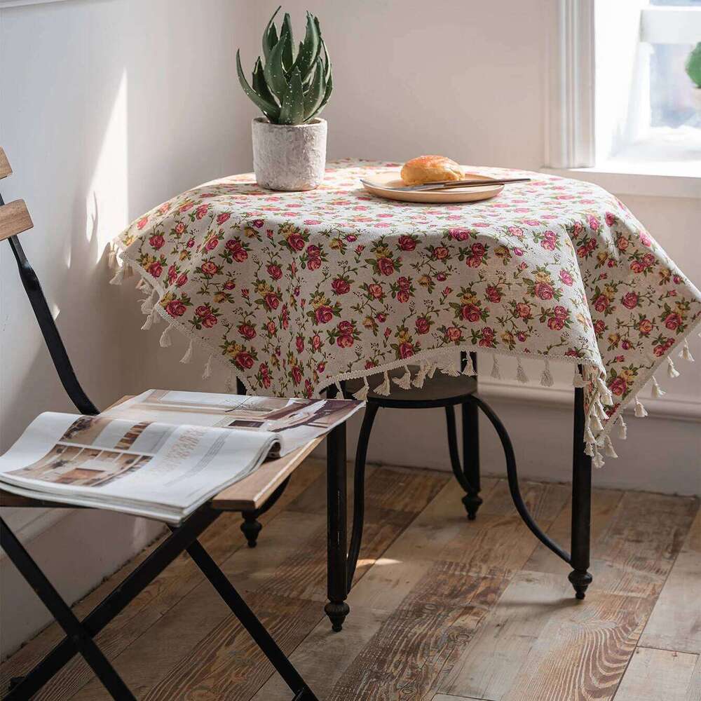 1 Set Of Rose Tablecloths, Bohemian Style Polyester Fiber Square Tassel Decorative Tablecloths