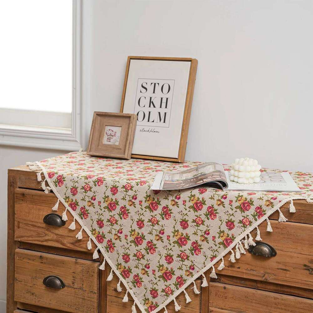 1 Set Of Rose Tablecloths, Bohemian Style Polyester Fiber Square Tassel Decorative Tablecloths