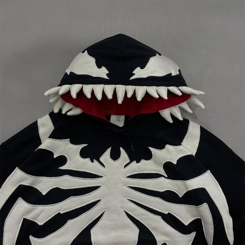 White Spider Pattern Teeth Hood n Oversized Long Sleeves Gothic Hoodie Y2K Men Women Fashion Casual Streetwear Sweatshirt 251231