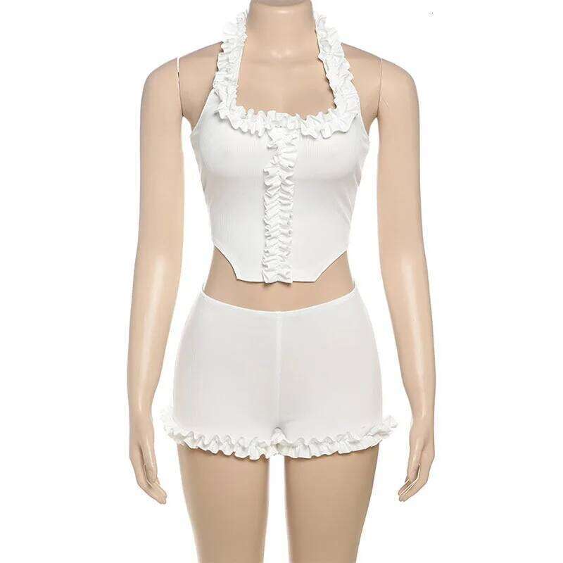 Sexy Ruffled Women's White Backless Halter Vest Top High Waist Female Beach Casual Slim Short Set