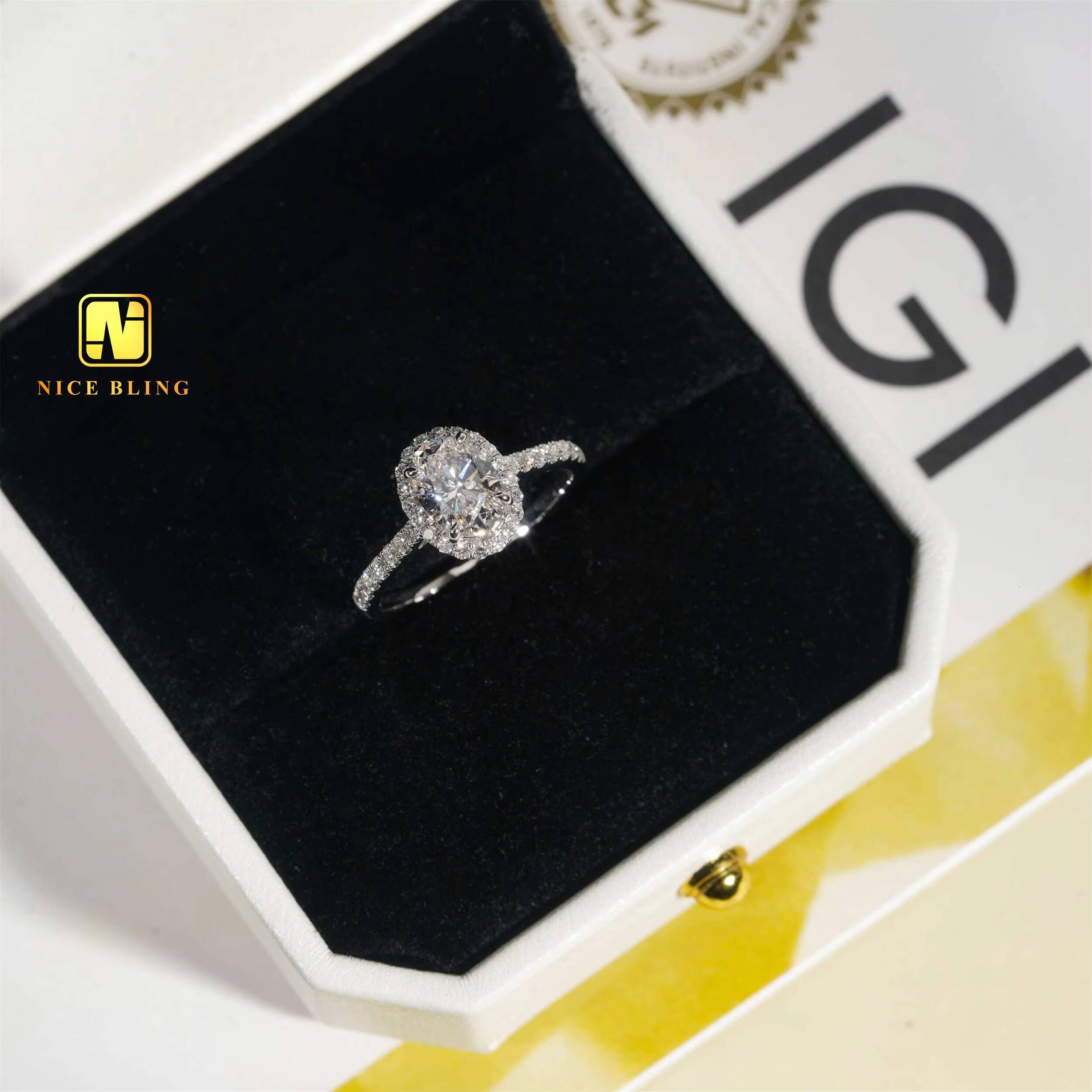 14K White Gold Jewelry Pave Setting Halo Rings 113ct E/VVS2 Oval Cut Lab Diamond Engagement Wedding Rings for Women - view 3