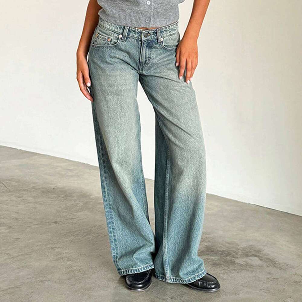 Women Y2k Low Rise Baggy Loose Fit Boyfriend Straight Wide Leg Jeans Trendy Stretch Long Denim Pants For Daily Streetwear Mdng260115