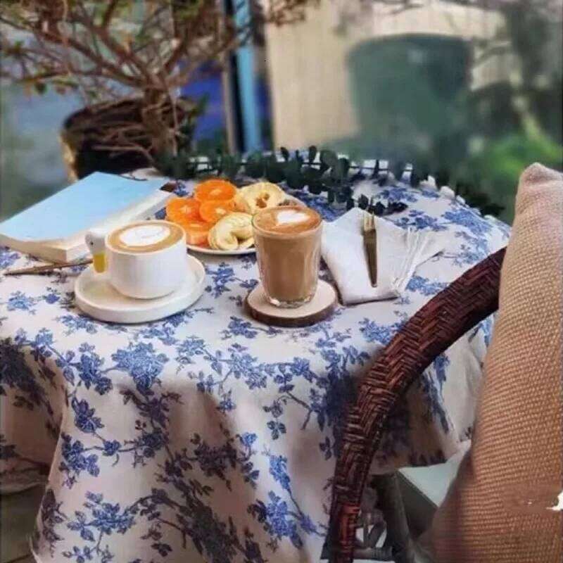 French Country Style Blue Rose Printed Kitchen Living Room Decor Tablecloth Restaurant Table Cover