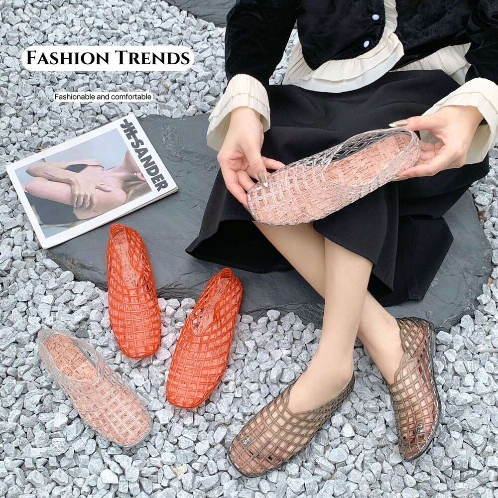 New Style Mesh Free Shipping Crystal Jelly Sandals Hollow 2025 Beach Flat Comfortable Slip-On Women's Closed-Toe Shoes