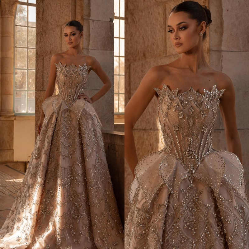 Elegant Strapless A Line Wedding Dresses Fashion Sleeveless Sequined Beading Bridal Dress Floor Length Bride Gowns Customized