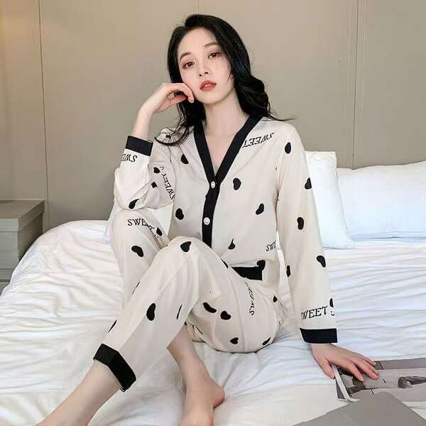Pajamas for Women Spring and Autumn Korean Style Cardigan Sweet Outerwear Sleeve Long Pants Ice Silk Ins Home Wear Set Summer