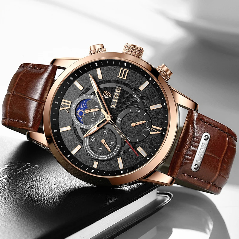 2025 Mens Watches LIGE Top Leather Casual Quartz Watch Mens Sport Waterproof Clock Watch Relogio MasculinoBox 260114