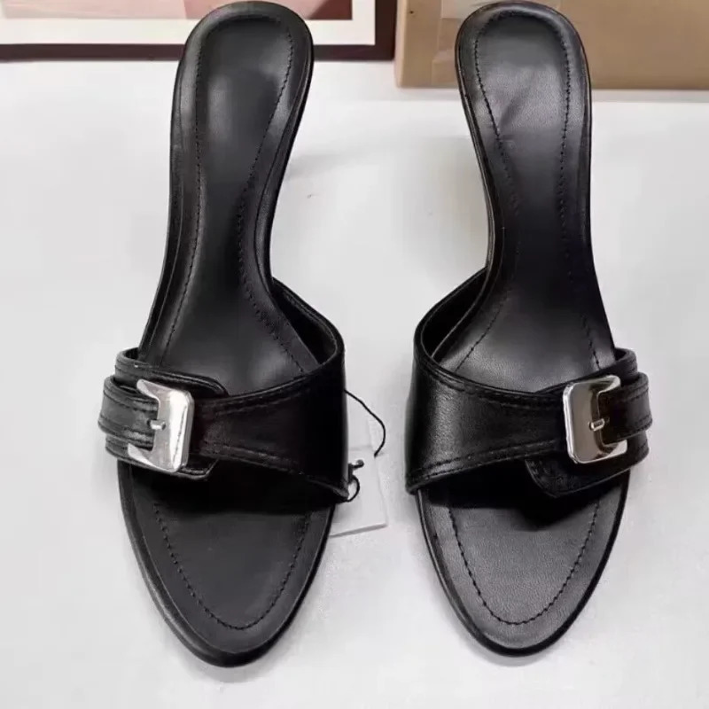 Fashion Round Toe Open Toe Metal Belt Buckle Stiletto Heel Temperament Cool Mopping Summer Womens Shoes 260112