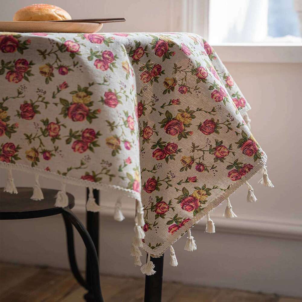 1 Set Of Rose Tablecloths, Bohemian Style Polyester Fiber Square Tassel Decorative Tablecloths
