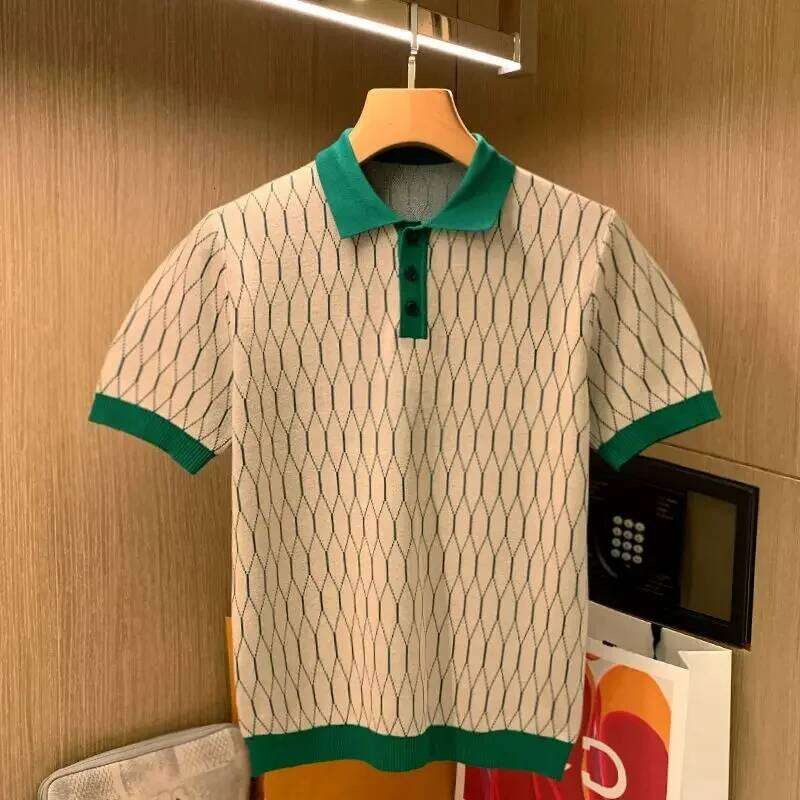 Summer Men Knitted Polo Shirts Short Sleeve Plaid T-Shirts Tops High Standard LEEGO LENS