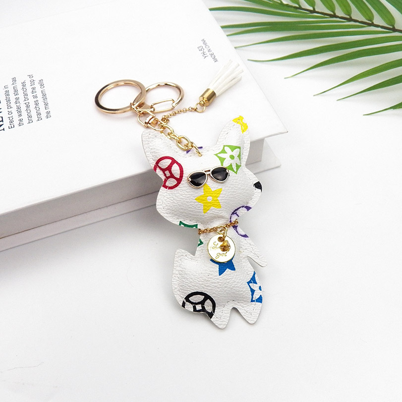 Free Shipping 2026 Fox Shaped Leather Keychain, Monogram Bag Charm with Glasses & Pom Pom, Cute Animal Keyring Accessory - view 3