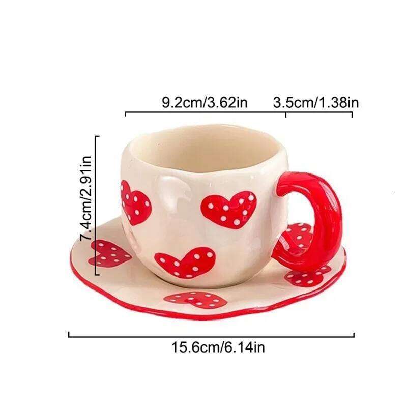 Ceramic Coffee Mug Set Hand-Painted Red Heart Design Irregular Shape with Saucer Drinking Utensils for Office Desk Kitchen Use Outdoor Leisure Thermos