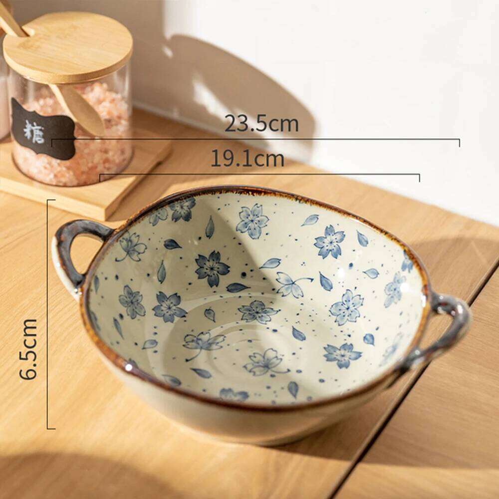 Japanese Household Noodle Ceramic Soup With Handle Salad Pasta Bowl Kitchen Tableware Microwave Oven Bakware