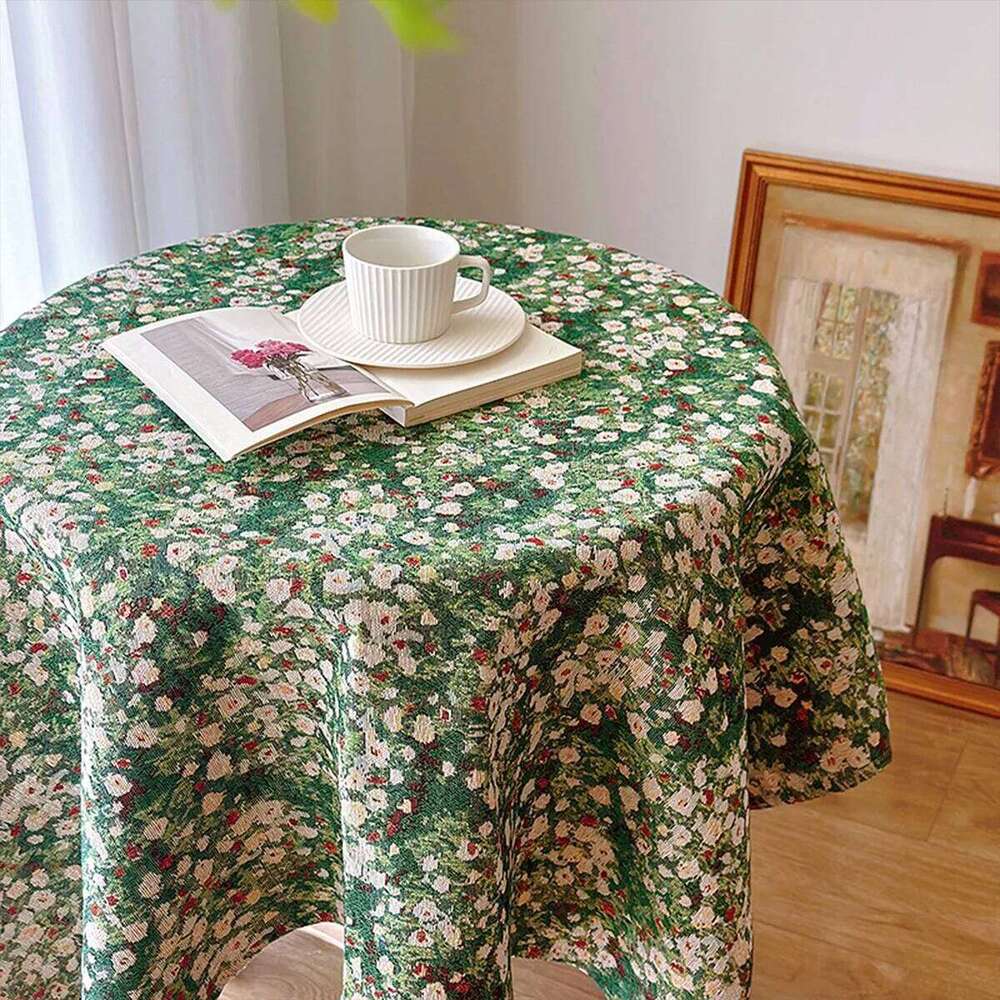 Tablecloth Jacquard Green Grass Pattern Rolled Edge Floral Design For Home Coffee Table And Restaurant Decoration