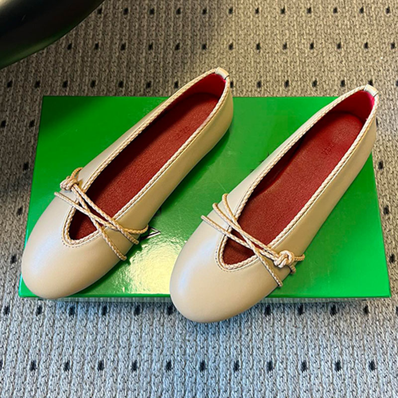 Designer Sheepskin Ballet Flats For Womens Spring Fashion Low Saturation Genuine Leather Knit Round Toe Ballet Shoes Comfortable Lightweight