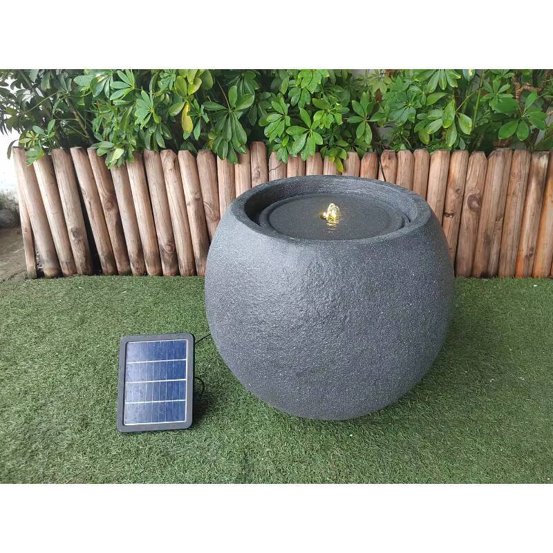 Ball Shape Design Black Solar Fountain With Light Emitting Diode Lamp For Outdoor Fiber Stone Garden Decoration