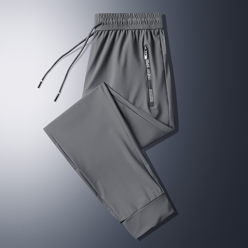 Men's Summer Lightweight Ice Silk Pants, Quick-Drying with Zipper Pockets, Versatile Loose-Fitting Casual Tapered Sports Trousers