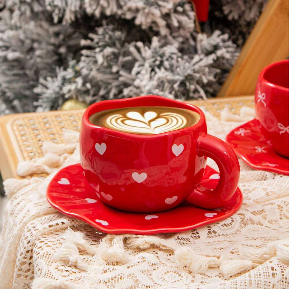 1pc ceramic coffee with dish, cute bow and heart-shaped design, handmade irregular matcha tea cup