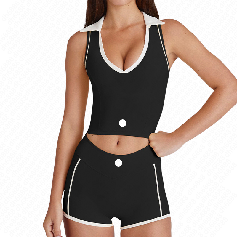 Women Yoga Suit Two Piece Set Spring and Sleeveless Sexy Sports Tracksuit Bra Fitness Set Lapel with breast pad