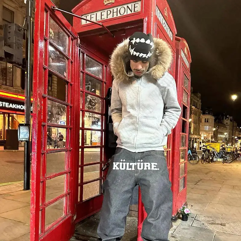 Hip Hop Dark Faux Fur Collar Y2K Zip up hoodie Harajuku Streetwear Punk Zipper Hoodie sweatshirt Rock Goth Loose Jacket Vintage 251231