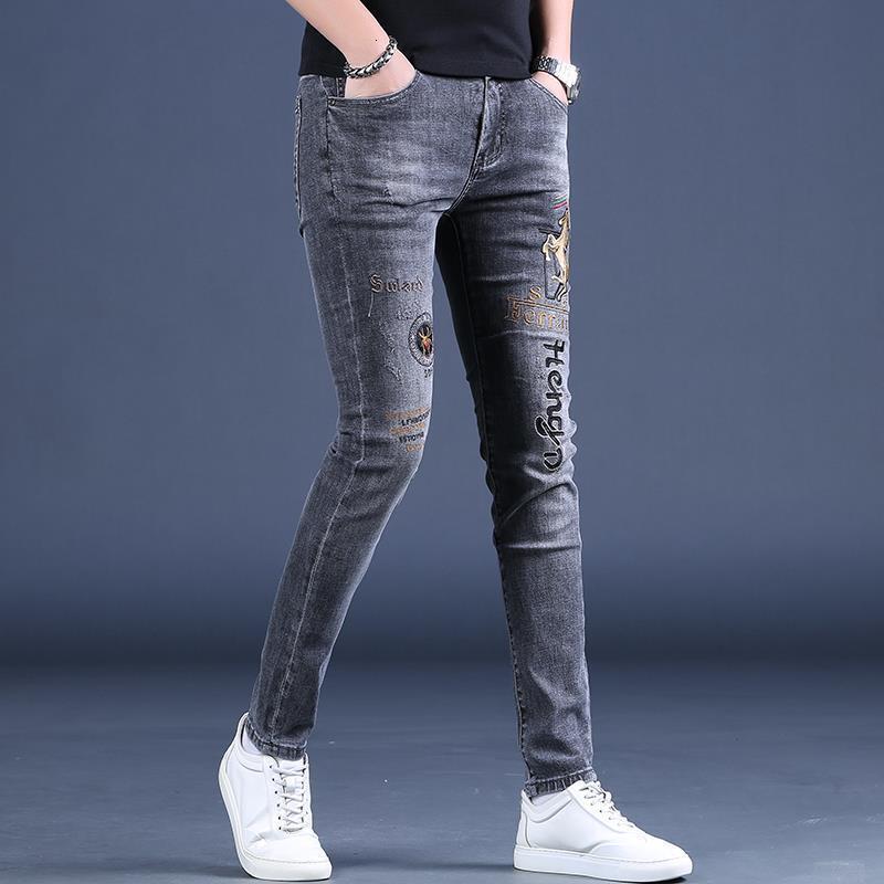 Luxury Brand Designer Clothes European Style Little Horse Embroidered Jeans For Men, Spring And Autumn Trendy Slim Fit Skinny Jeans For Men