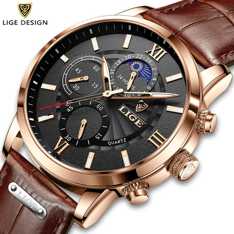 2025 Mens Watches LIGE Top Leather Casual Quartz Watch Mens Sport Waterproof Clock Watch Relogio MasculinoBox 260114