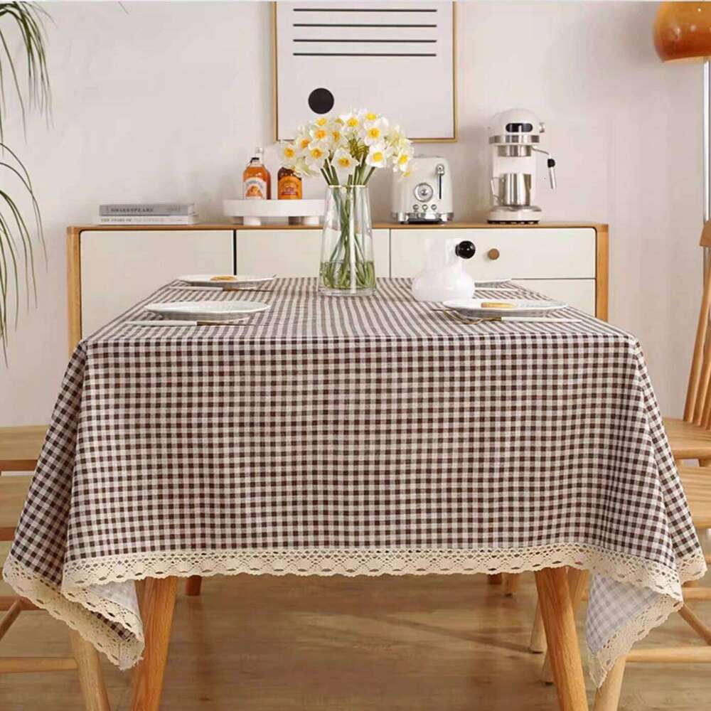 Nordic Minimalist Style Coffee Grid Tablecloth with Off-White Trim Rectangular Dining Table Cover