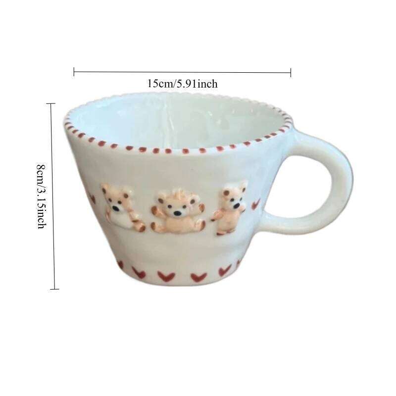 Hand Pinched Ceramic Mugs Hand-drawn Underglaze Color Relief Irregular Bear Milk Tea Cup Waffle Croissant Oatmeal Breakfast Mug