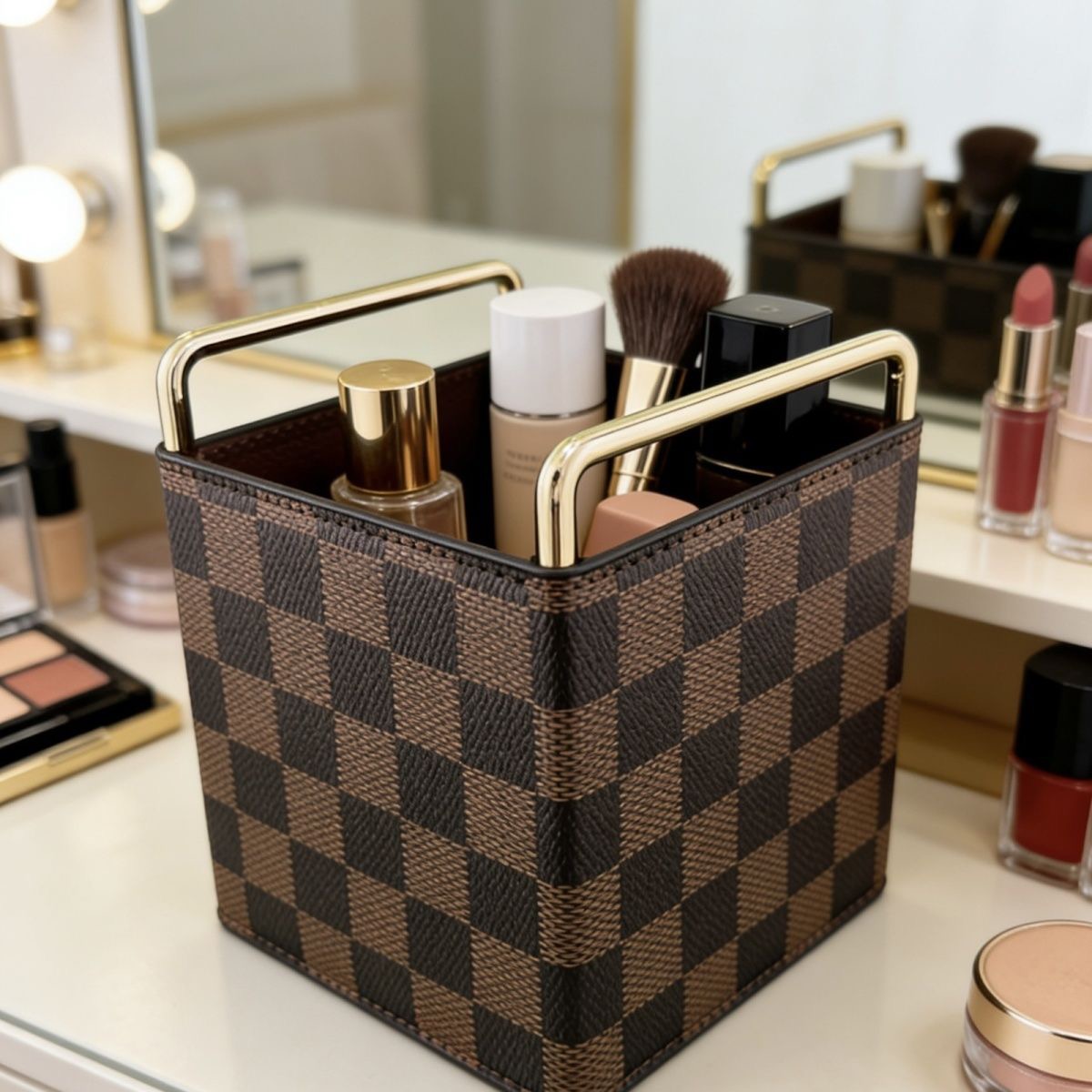 2026 New Retro Leather Pen Holder Creative Grid Pattern Desktop Storage Organizer for Office School Makeup Brush Holder