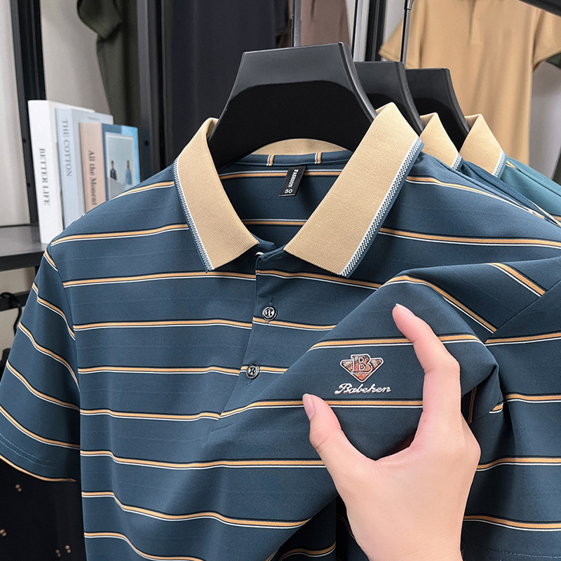 Luxury Brand Designer Clothes Business Casual Mens T-Shirt For Middle-Aged And Elderly Fathers Short Sleeve Striped Turn-Down Collar Base Shirt Summer
