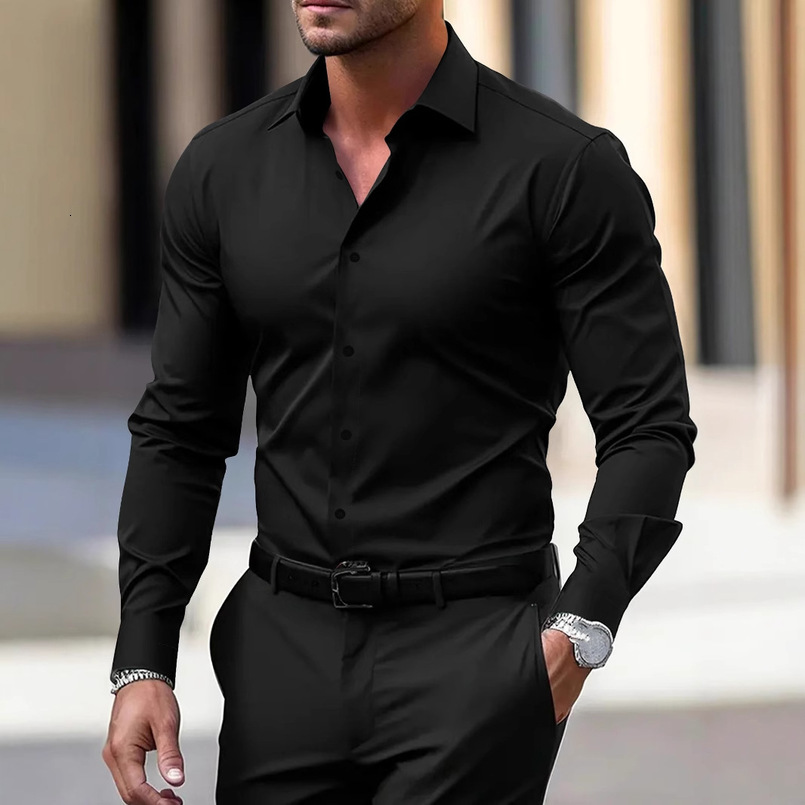 Spring and Autumn White Long Business Formal Slim Fit Professional Plus Size Black Short Sleeve Workwear Office Men's Shirt